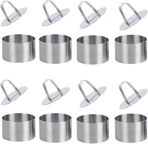 Round Cake Rings Set of 8, Stainless Steel Mousse and Pastry Mini Baking Mold with Food Presses