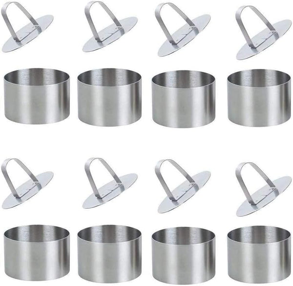 Round Cake Rings Set of 8, Stainless Steel Mousse and Pastry Mini Baking Mold with Food Presses