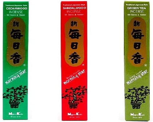 nippon kodo Morning Star Incense, Bundle of 3 x 50 Sticks Boxes (Cedarwood, Sandalwood, Green Tea)