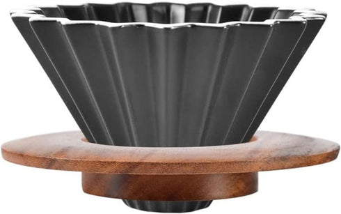 Ceramic Coffee Dripper Pour Over Maker with Wood Stand, Elegant Flower Shape V60 Filter (Black)