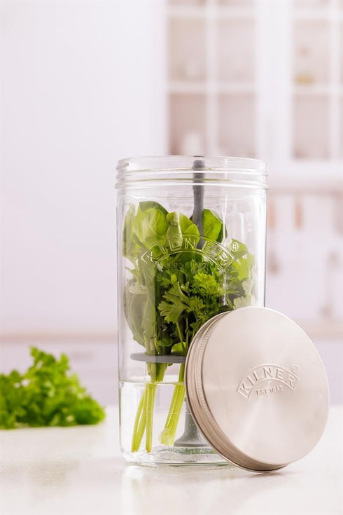 Set 3 1L Kilner Herb Keeper | Keep Herbs Fresh for Up to Weeks | Wide Mouth Jar with Stainless Steel Lid & Silicone