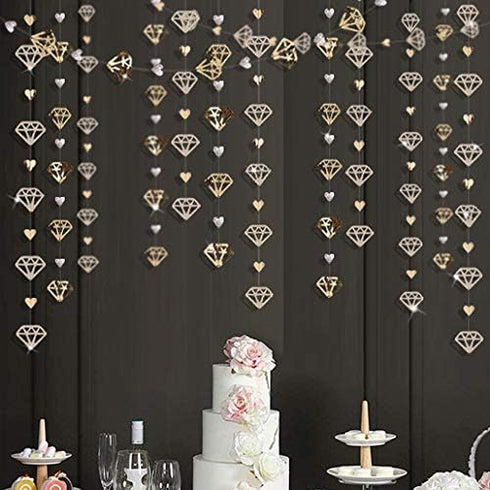 52 Ft Champagne Gold Heart Garland for Valentines Day Party Decorations, Hanging Paper Diamond Streamer Banner