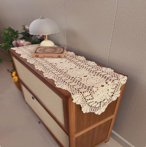 Tablecloth,1 11.8"x31.5" ABREEZE Handmade Oval pc,Cotton Lace-Edge Beige Doily for Mirrors, Dining Table, Coffee Table