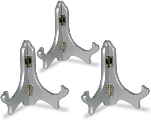 BANBERRY DESIGNS Set of 3 Silver Display Stands, 5" Metallic Wood Easels for Wedding Decorations, Place Card Holders
