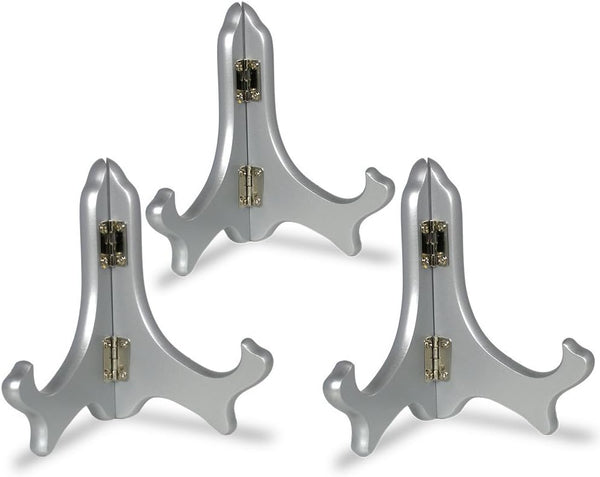 BANBERRY DESIGNS Set of 3 Silver Display Stands, 5" Metallic Wood Easels for Wedding Decorations, Place Card Holders