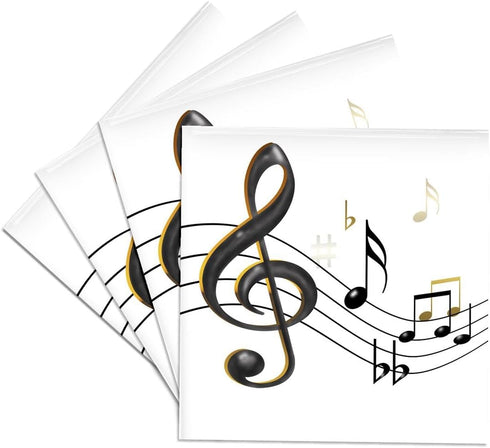 3dRose Set of 4 Ceramic Tile Coasters, Music Notes Clef, Black and Gold