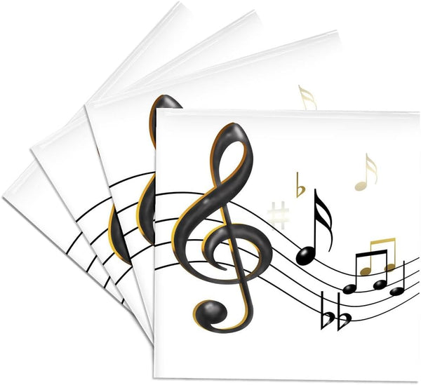 3dRose Set of 4 Ceramic Tile Coasters, Music Notes Clef, Black and Gold