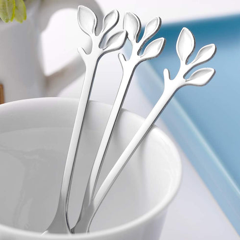 AnSaw 8-Pieces 4.7-Inch Small Coffee Spoons with Leaf Handle (Silver)