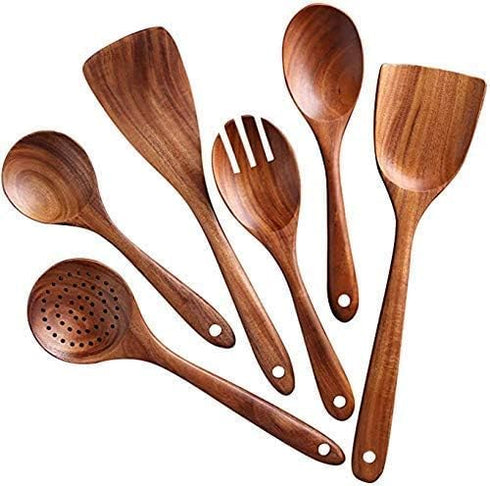 Mango Wooden Utensils Set of 6, Soft Comfort-Grip Non-Stick Cooking Spoons