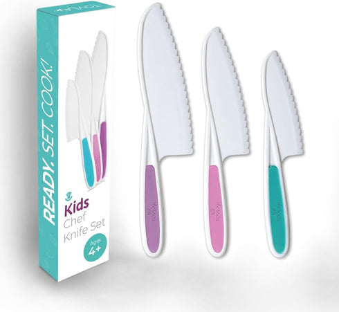 Tovla Jr. Knives for Kids: 3-Piece Kitchen Baking Knife Set in 3 Sizes & Colors, BPA-Free, Serrated Edges