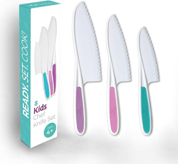 Tovla Jr. Knives for Kids: 3-Piece Kitchen Baking Knife Set in 3 Sizes & Colors, BPA-Free, Serrated Edges