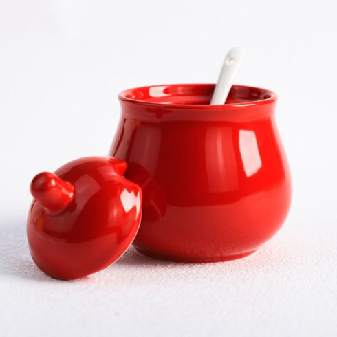 FUYU Ceramic Sugar Bowl with Lid and Spoon, Spice Jar Seasoning Box, Condiment Pot