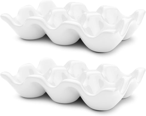 Flexzion Porcelain Egg Crate - 6-Egg Capacity Ceramic Egg Tray, Half Dozen Egg Holder for Fridge, Countertop Display - White Decorative Serving Dish and Storage Organizer, 2 Pack by Flexzion