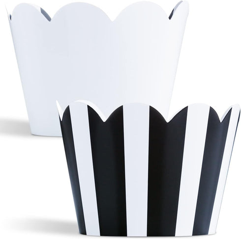 Black and White Striped Cupcake Wrappers - 50 Count, Reversible Scalloped Design for Parties and Events