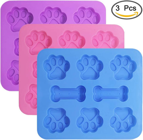 3 Pcs Silicone Molds, Puppy Dog Paw & Bone Shaped 2 in 1, 8-Cavity Baking Pans, Reusable Ice Candy Trays (Pink, Blue,