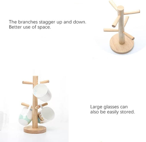 Mug Holder Tree, Bamboo Stand with 6 Hooks, Countertop Coffee Cup Holder for Kitchen and Coffee Station