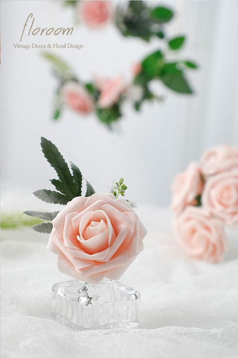 Floroom Artificial Flowers 50pcs Real Looking Blush Foam Fake Roses with Stems for DIY Wedding Bouquets