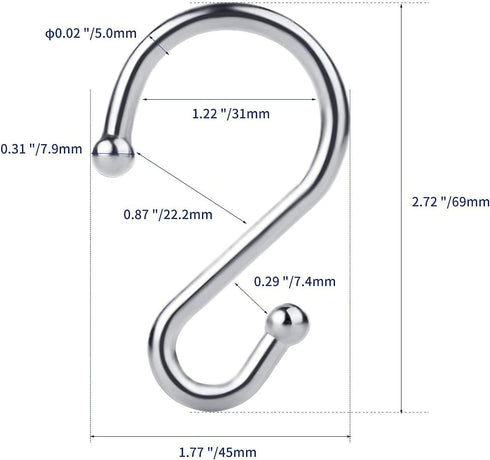 Metal Shower Curtain Hooks - Set of 12 Rust Resistant S Shaped Rings for Shower Curtains, Kitchen Utensils, Chrome