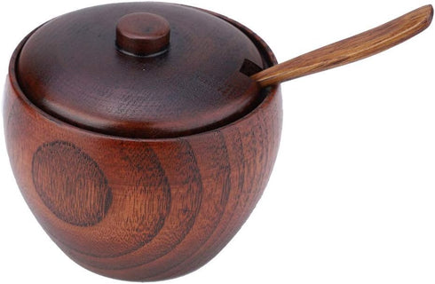 Solid Wood Jar Seasoning Pot with Spoon and Lid for Kitchen Storage Organizer