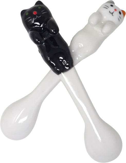 Honbay 2PCS Mini Cute Ceramic Cat Spoon, Hangable Tea Spoon, Cartoon Animals Coffee Spoon (Black)