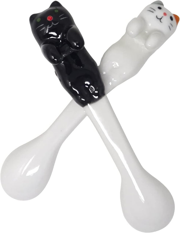 Honbay 2PCS Mini Cute Ceramic Cat Spoon, Hangable Tea Spoon, Cartoon Animals Coffee Spoon (Black)