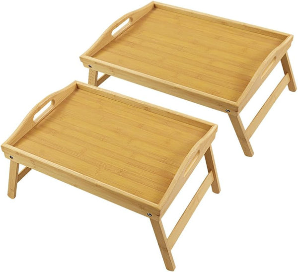 WKWKER Bamboo Bed Tray Table with Folding Legs Set of 2 Foldable Breakfast