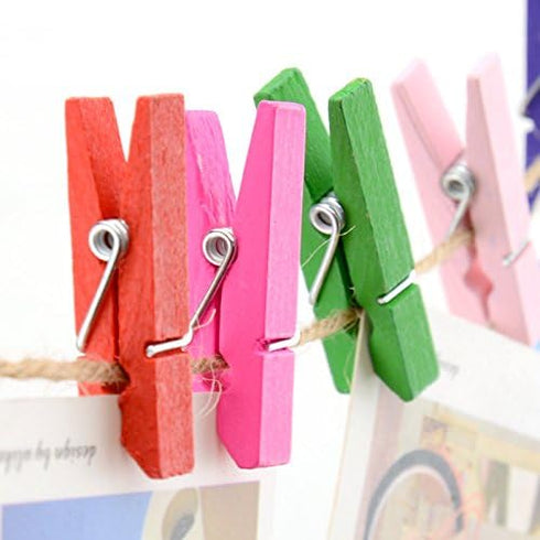 Wooden Clothes Pins, 100pcs 1.3 Inch (3.5cm) Mixed Colored Small Clips with 33 Feet Jute Twine