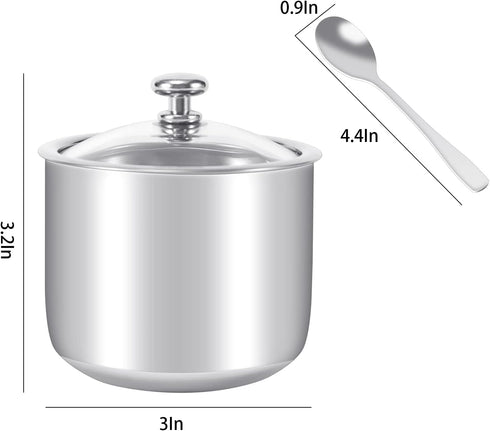Stainless Steel Sugar Bowl with Clear Lid and Spoon, Polished Shiny Condiment Pot for Serving Sugar, Pepper, Salt,