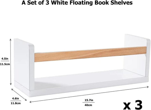 16 Inch Set 3, AZSKY Nursery Floating Shelves of White Wood Kids Wall Bookshelves & Book Organizer Ledge for Baby Room