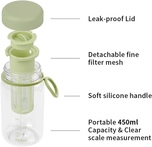 Cold Brew Coffee Maker Travel Tumbler with Soft Silicone Handle Portable Iced Coffee & Tea Infuser with Airtight Lid Cold Brew Travel Cup 15oz/450ml Green by watchget