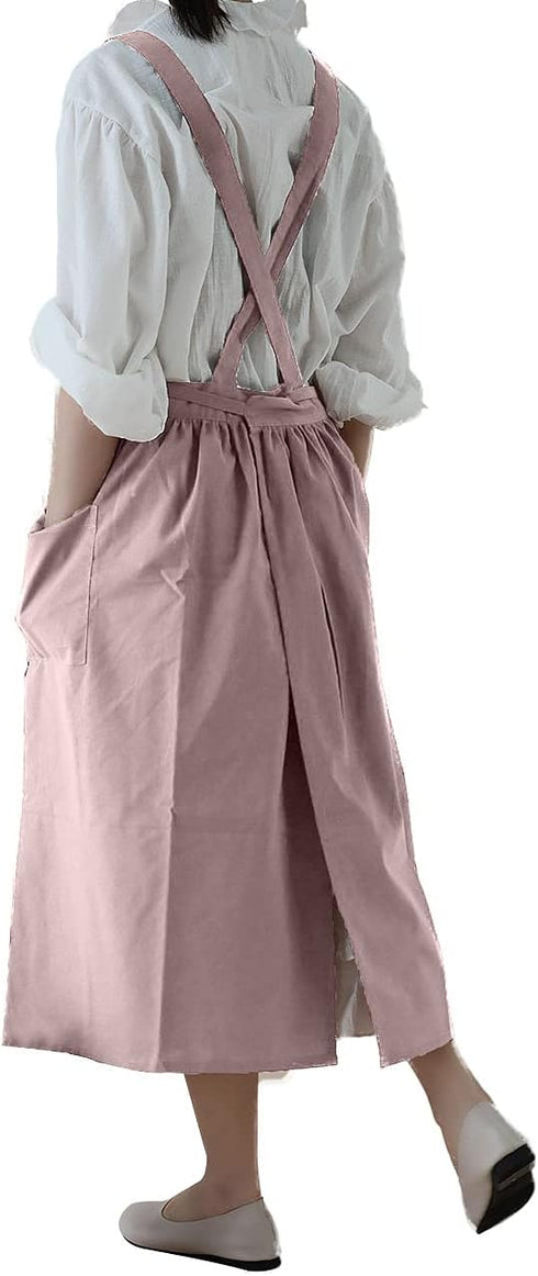 Cotton Pleated Apron - Retro Waterdrop Proof Garden Cleaning Pinafore Dress