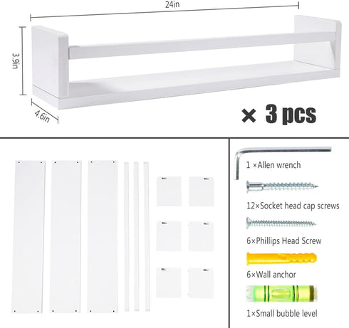 24 Inch Set 3, AZSKY Nursery Bookshelves White, Floating Bookshelves for Wall of Baby Kids Room Decor, Solid Wood Wall