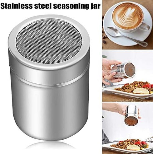 2Pcs Stainless Steel Sugar Shaker with 16Pcs Coffee Stencils Template Duster for Cocoa Flour Icing Sugar