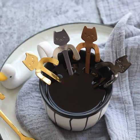 10PCS Stainless Steel Cute Mini Cat Spoons, 4.5 Inch for Tea, Coffee, Dessert, Ice Cream (Black)
