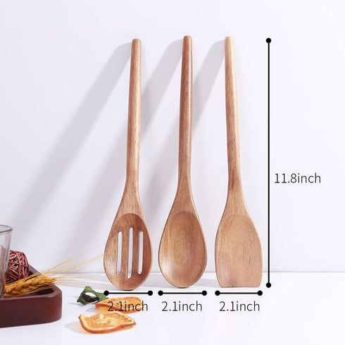 Delicate Wooden Utensils for Cooking, Set of 3 Acacia Wooden Spoons, Spatula Set, Safe for Nonstick Cookware, Easy to