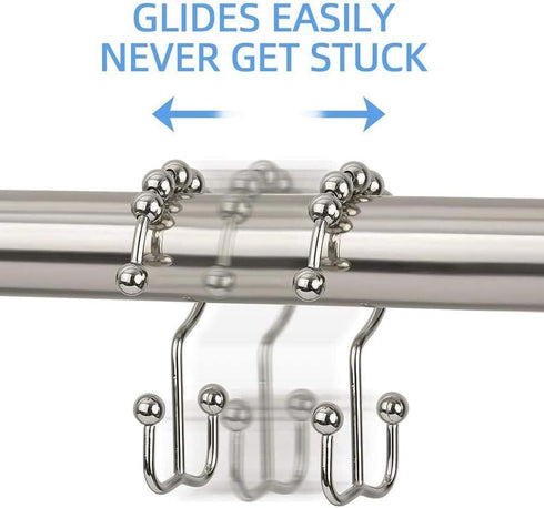 DAWNER Shower Curtain Hooks, Set of 12, Rust Proof Metal Easy Glide Double Rings, Brushed Nickel