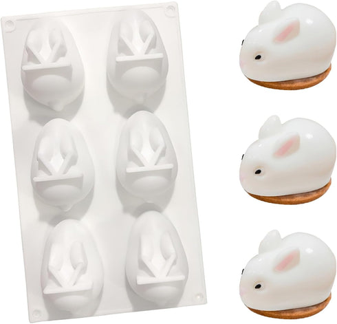 AUOCATTAIL 6 Cavity Easter Rabbit 3D Silicone Molds for DIY Mousse Cake, Pudding, and Chocolate
