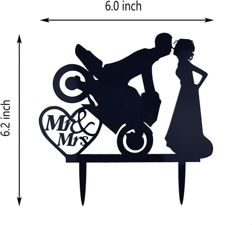 Motorcycle Funny Wedding Cake Topper - Mr & Mrs, Bride Groom with Motorbike (Black Acrylic)