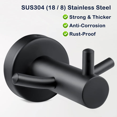 Pack of 2 SUS304 Stainless Steel Matte Black Wall Mounted Towel Hooks for Bathroom Shower Kitchen Cabinet Closet Door