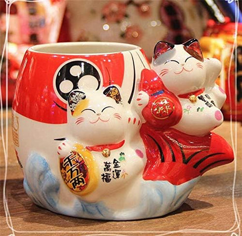 EatingBiting Fortune Japanese Lucky Beckoning Cats Maneki Neko Flower Pot Vase Pen Holder, Ceramic Pencil Holder