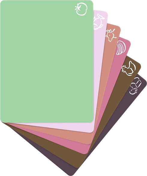 Extra Thick Flexible Plastic Cutting Board Mats, Set of 6, Dishwasher Safe, EZ-Grip Waffle Back, Food Icons