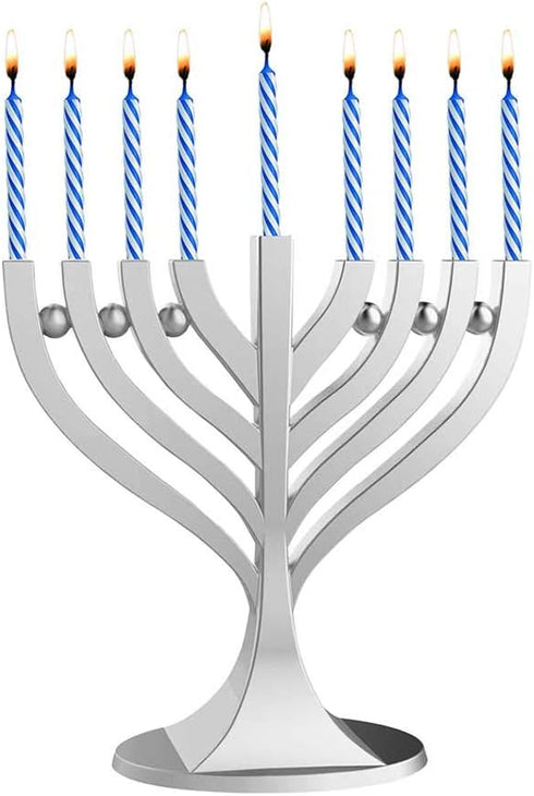 Zion Judaica Mini Classic Menorah with Mini Birthday Size Hanukkah Candles, Satin Silver Travel Minorah with 44 Candles