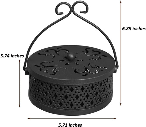 Portable Iron Mosquito Incense Coil Holder Box with Lid and Handle for Home Outdoor Garden, Black