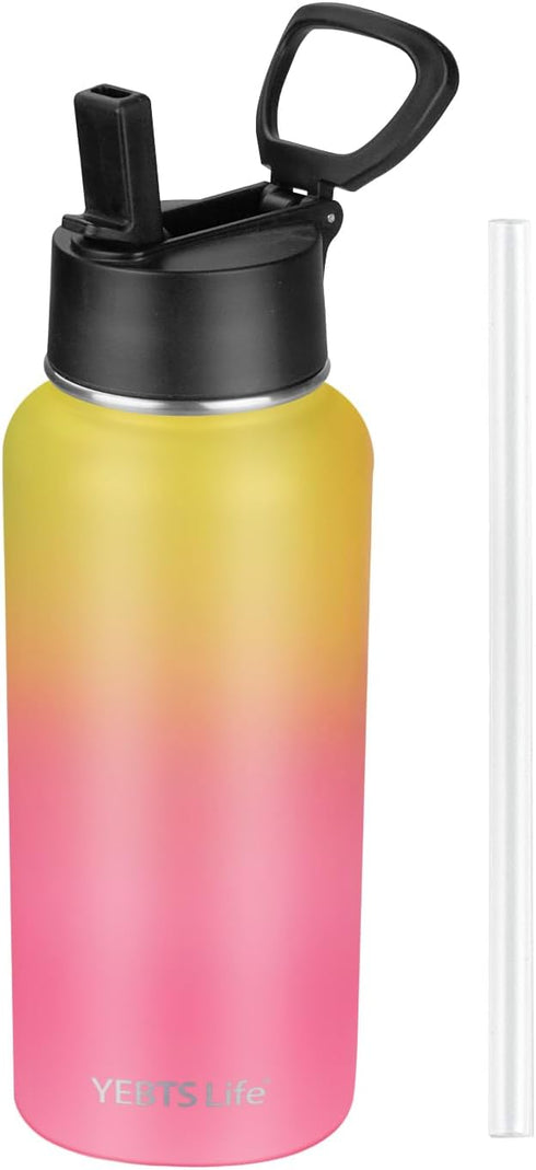 Insulated Water Bottle With Straw, 32 oz Vacuum Stainless Steel Flask with 2 Lids & Straws, Metal for Gym Travel