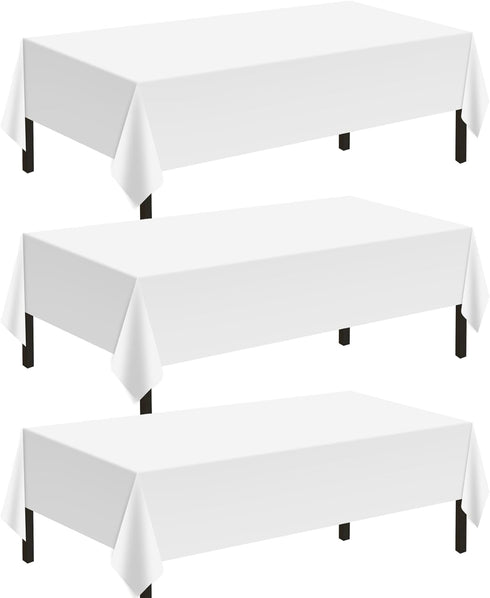 Childom 3 Pack Plastic Tablecloths for Rectangle Tables 54" x 108" - White Disposable for Indoor or Outdoor Parties