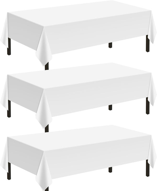Childom 3 Pack Plastic Tablecloths for Rectangle Tables 54" x 108" - White Disposable for Indoor or Outdoor Parties