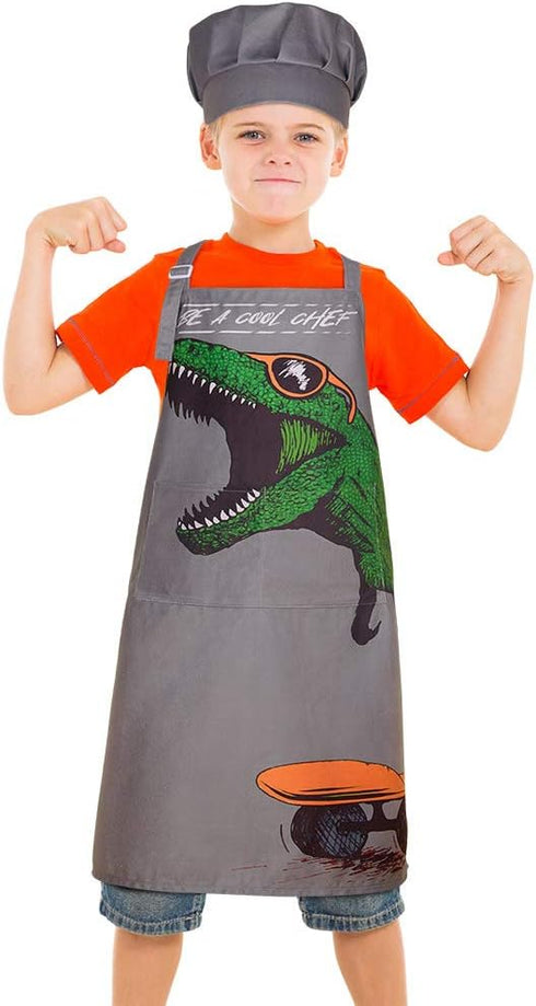 MHJY Kids Apron and Chef Hat for Boys, Dinosaur Child Aprons with Pockets for Cooking Baking Painting