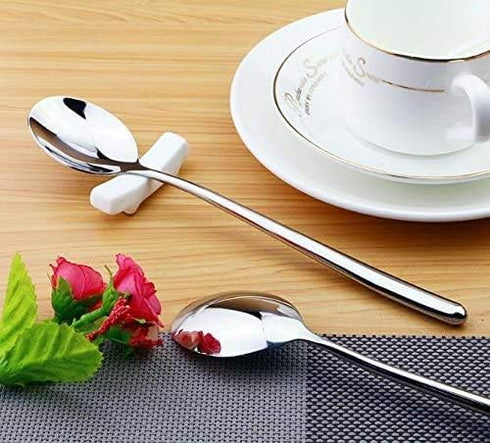 Pack of 4 Long Handle Stainless Steel Soup Spoons, Korean Round Handle Bar Spoons in Silver