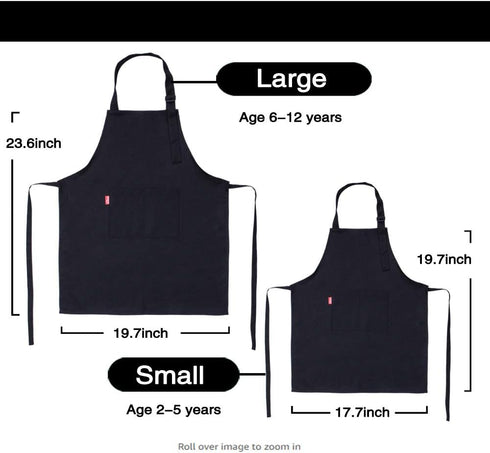 Kids Adjustable Bib Apron and Chef Hat Set, 2 Pockets, Cute Black Kitchen Apron for Boys Girls Cooking (2-5 Year)