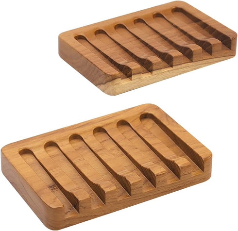 2PCS Self Draining Soap Dishes by HTB, Teak Wood Soap Holder, Soap Saver for Shower, Bathroom, Bath Tub, Kitchen